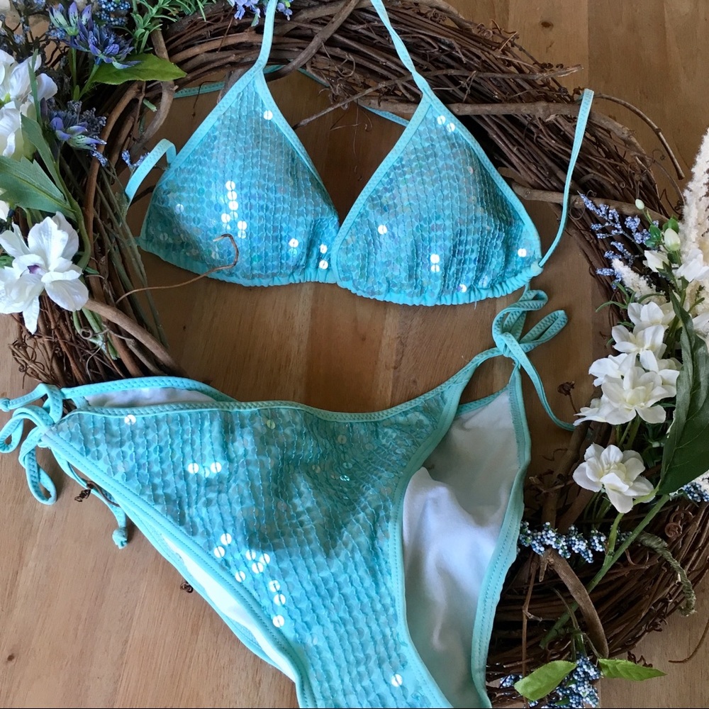 Light Blue Mermaid Sequin Sparkle Bikini - Med
